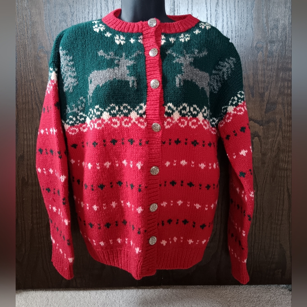 Eddie Bauer Red and Green Reindeer Cardigan
